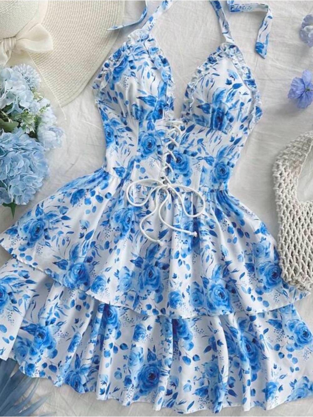 #1276 Flowered Blue Halter Dress